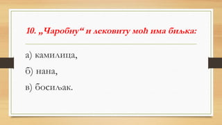 10. „Чаробну“ и лековиту моћ има биљка:
а) камилица,
б) нана,
в) босиљак.
 