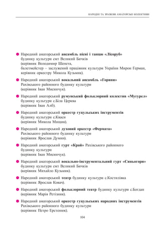 НАРОДНІ ТА ЗРАЗКОВІ АМАТОРСЬКІ КОЛЕКТИВИ
104
z Народний аматорський ансамбль пісні і танцю «Лісоруб»
будинку культури смт Великий Бичків
(керівник Володимир Шепета,
балетмейстер – заслужений працівник культури України Мирон Герман,
керівник оркестру Микола Кузьмик).
z Народний аматорський вокальний ансамбль «Горяни»
Рахівського районного будинку культури
(керівник Іван Мисинчук).
z Народний аматорський румунський фольклорний колектив «Муґурел»
будинку культури с.Біла Церква
(керівник Іван Алб).
z Народний аматорський оркестр гуцульських інструментів
будинку культури с.Кваси
(керівник Микола Мищик).
z Народний аматорський духовий оркестр «Фермата»
Рахівського районного будинку культури
(керівник Ярослав Думин).
z Народний аматорський гурт «Край» Рахівського районного
будинку культури
(керівник Іван Мисинчук).
z Народний аматорський вокально-інструментальний гурт «Синьогори»
будинку культури смт Великий Бичків
(керівник Михайло Кузьмик).
z Народний аматорський театр будинку культури с.Костилівка
(керівник Ярослав Ковач).
z Народний аматорський фольклорний театр будинку культури с.Богдан
(керівник Марія Ретізник).
z Народний аматорський оркестр гуцульських народних інструментів
Рахівського районного будинку культури
(керівник Петро Ерстенюк).
 