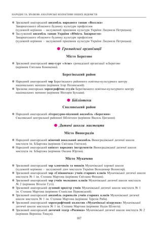 187
zz Зразковий аматорський ансамбль народного танцю «Веселка»
Закарпатського обласного будинку культури профспілок
(художній керівник – заслужений працівник культури України Людмила Петрецька).
zz Заслужений ансамбль танцю України «Юність Закарпаття»
Закарпатського обласного будинку культури профспілок
(художній керівник – заслужений працівник культури України Людмила Петрецька).
 Громадські організації
Місто Берегово
zz Зразковий аматорський шоу-гурт «Атас» громадської організації м.Берегово
(керівник Світлана Кононенко).
Берегівський район
zz Народний аматорський хор Берегівського районного освітньо-культурного центру
національних меншин (керівник Ігор Полянський).
zz Зразкова аматорська хореографічна студія Берегівського освітньо-культурного центру
національних меншин (керівник Вікторія Бундаш).
 Бібліотеки
Свалявський район
zz Народний аматорський літературно-пісенний ансамбль «Берегиня»
Свалявської центральної районної бібліотеки (керівник Василь Циганин).
 Дитячі школи мистецтв
Місто Виноградів
zz Народний аматорський жіночий вокальний ансамбль Виноградівської дитячої школи
мистецтв ім. Б.Бартока (керівник Світлана Гнетило).
zz Народний аматорський квінтет народних інструментів Виноградівської дитячої школи
мистецтв ім. Б.Бартока (керівник Оксана Юртин).
Місто Мукачево
zz Зразковий аматорський хор хлопчиків та юнаків Мукачівської хорової школи
(художній керівник – заслужений діяч мистецтв України Володимир Волонтир).
zz Зразковий аматорський хор «Співаночка» учнів старших класів Мукачівської дитячої школи
мистецтв № 1 ім. Степана Мартона (керівник Світлана Фенцик).
zz Зразковий аматорський хор учнів молодших класів Мукачівської дитячої школи мистецтв
№ 2 (керівник Віталія Гуті).
zz Зразковий аматорський духовий оркестр учнів Мукачівської дитячої школи мистецтв № 1
ім. Степана Мартона (керівник Станіслав Перковський).
zz Зразковий аматорський ансамбль скрипалів учнів старших класів Мукачівської дитячої
школи мистецтв № 1 ім. Степана Мартона (керівник Терезія Риба).
zz Зразковий аматорський хореографічний колектив «Мукачівські візерунки» Мукачівської
дитячої школи мистецтв № 1 ім. Степана Мартона (керівник Надія Шляхта).
zz Зразковий аматорський дитячий театр «Росинка» Мукачівської дитячої школи мистецтв № 2
(керівник Вероніка Тищук).
НАРОДНІ ТА ЗРАЗКОВІ АМАТОРСЬКІ КОЛЕКТИВИ ІНШИХ ВІДОМСТВ
 