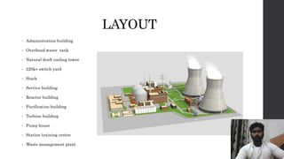 LAYOUT
• Administration building
• Overhead water tank
• Natural draft cooling tower
• 220kv switch yard
• Stack
• Service building
• Reactor building
• Purification building
• Turbine building
• Pump house
• Station training centre
• Waste management plant
 