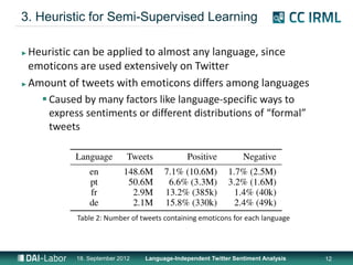 3. Heuristic for Semi-Supervised Learning

► Heuristic can be applied to almost any language, since
  emoticons are used extensively on Twitter
► Amount of tweets with emoticons differs among languages

     Caused by many factors like language-specific ways to
      express sentiments or different distributions of “formal”
      tweets




            Table 2: Number of tweets containing emoticons for each language




            18. September 2012   Language-Independent Twitter Sentiment Analysis   12
 