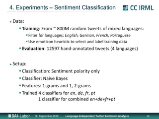 4. Experiments – Sentiment Classification

►   Data:
       Training: From ~ 800M random tweets of mixed languages:
           Filter for languages: English, German, French, Portuguese
           Use emoticon heuristic to select and label training data
        Evaluation: 12597 hand-annotated tweets (4 languages)

►   Setup:
        Classification: Sentiment polarity only
        Classifier: Naive Bayes
        Features: 1-grams and 1, 2-grams
        Trained 4 classifiers for en, de, fr, pt
                  1 classifier for combined en+de+fr+pt


              18. September 2012   Language-Independent Twitter Sentiment Analysis   14
 