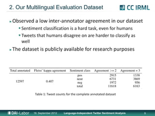 2. Our Multilingual Evaluation Dataset

►   Observed a low inter-annotator agreement in our dataset
       Sentiment classification is a hard task, even for humans
       Tweets that humans disagree on are harder to classify as
        well
►   The dataset is publicly available for research purposes




              Table 1: Tweet counts for the complete annotated dataset




             18. September 2012   Language-Independent Twitter Sentiment Analysis   9
 