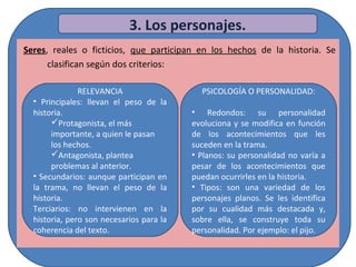 Seres, reales o ficticios, que participan en los hechos de la historia. Se
clasifican según dos criterios:
3. Los personajes.
RELEVANCIA
• Principales: llevan el peso de la
historia.
Protagonista, el más
importante, a quien le pasan
los hechos.
Antagonista, plantea
problemas al anterior.
• Secundarios: aunque participan en
la trama, no llevan el peso de la
historia.
Terciarios: no intervienen en la
historia, pero son necesarios para la
coherencia del texto.
PSICOLOGÍA O PERSONALIDAD:
• Redondos: su personalidad
evoluciona y se modifica en función
de los acontecimientos que les
suceden en la trama.
• Planos: su personalidad no varía a
pesar de los acontecimientos que
puedan ocurrirles en la historia.
• Tipos: son una variedad de los
personajes planos. Se les identifica
por su cualidad más destacada y,
sobre ella, se construye toda su
personalidad. Por ejemplo: el pijo.
 