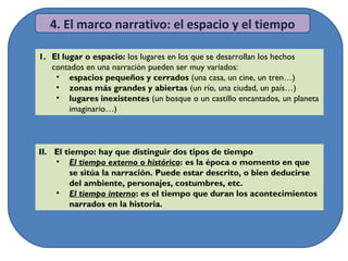 1. El lugar o espacio: los lugares en los que se desarrollan los hechos
contados en una narración pueden ser muy variados:
• espacios pequeños y cerrados (una casa, un cine, un tren…)
• zonas más grandes y abiertas (un río, una ciudad, un país…)
• lugares inexistentes (un bosque o un castillo encantados, un planeta
imaginario…)
4. El marco narrativo: el espacio y el tiempo
II. El tiempo: hay que distinguir dos tipos de tiempo
• El tiempo externo o histórico: es la época o momento en que
se sitúa la narración. Puede estar descrito, o bien deducirse
del ambiente, personajes, costumbres, etc.
• El tiempo interno: es el tiempo que duran los acontecimientos
narrados en la historia.
 