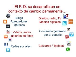 El P. D. se desarrolla en un
contexto de cambio permanente…
Videos, audio,
galerías de fotos
Blogs
Agregadores
Métricas
Contenido generado
por el usuario
Redes sociales Celulares / Tabletas
Diarios, radio, TV
Medios digitales
 