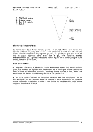 MILLORA EXPRESSIÓ ESCRITA. NARRACIÓ . CURS 2014-2015
SANT CUGAT
Dolors	
  Quinquer	
  Vilamitjana.	
   9
1. Títol (amb ganxo)
2. Entrada /resum
3. Cos de la notícia
4. Detalls
Informació complementària
La notícia és un tipus de text narratiu que té com a funció informar el lector de fets
recents, utilitza un llenguatge clar, concís, senzill i atractiu per captar la seva atenció. Una
notícia normalment respon a les preguntes qui, que, on, quan i per què. Això no vol dir
que no puguin aparèixer altres dades com a qui, com succeeix, quines
conseqüències, etc. Aquestes indicacions han de figurar en el primer paràgraf d'una
notícia, també en el seu titular.
Parts d'una notícia:
(títol), que remarca els aspectes més interessants de la notícia per atreure l'atenció del
lector i altres de secundaris (avanttítol, subtítols). Moltes notícies, a més, tenen una
entrada que sol resumir la informació que conté el cos de la notícia
circumstàncies que els envolten, tenint en compte la seva importància, no solament
l'ordre cronològic. L'estructura d'interès d'una notícia pot representar-se amb aquest
diagrama en forma de piràmide.
 
