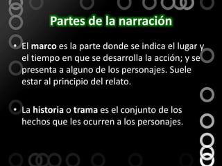 Partes de la narraciónEl marco es la parte donde se indica el lugar y el tiempo en que se desarrolla la acción; y se presenta a alguno de los personajes. Suele estar al principio del relato.La historia o trama es el conjunto de los hechos que les ocurren a los personajes.