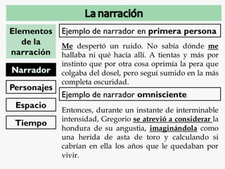 Elementos
de la
narración
Personajes
Espacio
Tiempo
Ejemplo de narrador en primera persona
Me despertó un ruido. No sabía dónde me
hallaba ni qué hacía allí. A tientas y más por
instinto que por otra cosa oprimía la pera que
colgaba del dosel, pero seguí sumido en la más
completa oscuridad.
Ejemplo de narrador omnisciente
Entonces, durante un instante de interminable
intensidad, Gregorio se atrevió a considerar la
hondura de su angustia, imaginándola como
una herida de asta de toro y calculando si
cabrían en ella los años que le quedaban por
vivir.
 