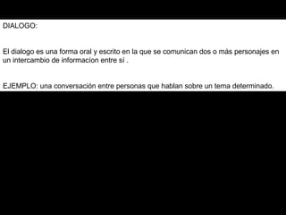 DIALOGO:


El dialogo es una forma oral y escrito en la que se comunican dos o más personajes en
un intercambio de informacíon entre sí .


EJEMPLO: una conversación entre personas que hablan sobre un tema determinado.
 