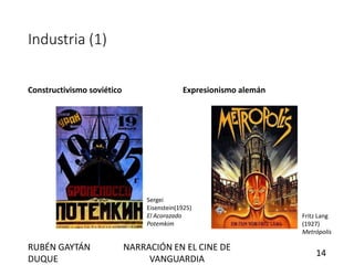 Industria (1)
Constructivismo soviético Expresionismo alemán
Sergei
Eisenstein(1925)
El Acorazado
Potemkim
Fritz Lang
(1927)
Metrópolis
RUBÉN GAYTÁN
DUQUE
NARRACIÓN EN EL CINE DE
VANGUARDIA
14
 