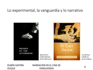Lo experimental, la vanguardia y lo narrativo
Maya Deren
(1943) Meshes
of the afternoon
Luis Buñuel
(1929) Un
perro andaluz
RUBÉN GAYTÁN
DUQUE
NARRACIÓN EN EL CINE DE
VANGUARDIA
6
 