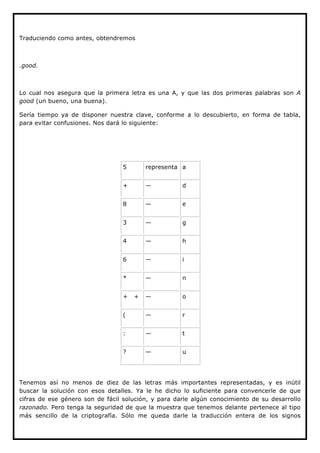 Traduciendo como antes, obtendremos



.good.



Lo cual nos asegura que la primera letra es una A, y que las dos primeras palabras son A
good (un bueno, una buena).

Sería tiempo ya de disponer nuestra clave, conforme a lo descubierto, en forma de tabla,
para evitar confusiones. Nos dará lo siguiente:




                                 5       representa a


                                 +       —           d


                                 8       —           e


                                 3       —           g


                                 4       —           h


                                 6       —           i


                                 *       —           n


                                 +   +   —           o


                                 (       —           r


                                 :       —           t


                                 ?       —           u




Tenemos así no menos de diez de las letras más importantes representadas, y es inútil
buscar la solución con esos detalles. Ya le he dicho lo suficiente para convencerle de que
cifras de ese género son de fácil solución, y para darle algún conocimiento de su desarrollo
razonado. Pero tenga la seguridad de que la muestra que tenemos delante pertenece al tipo
más sencillo de la criptografía. Sólo me queda darle la traducción entera de los signos
 