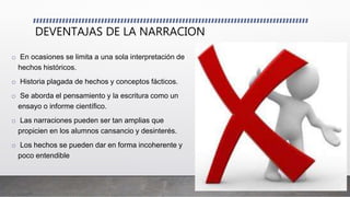 DEVENTAJAS DE LA NARRACION
o En ocasiones se limita a una sola interpretación de
hechos históricos.
o Historia plagada de hechos y conceptos fácticos.
o Se aborda el pensamiento y la escritura como un
ensayo o informe científico.
o Las narraciones pueden ser tan amplias que
propicien en los alumnos cansancio y desinterés.
o Los hechos se pueden dar en forma incoherente y
poco entendible
 