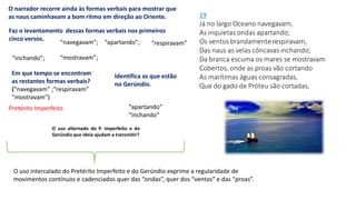 O narrador recorre ainda às formas verbais para mostrar que
as naus caminhavam a bom ritmo em direção ao Oriente.
Faz o levantamento dessas formas verbais nos primeiros
cinco versos.
“navegavam”;
Em que tempo se encontram
as restantes formas verbais?
(“navegavam” ;“respiravam”
“mostravam”)
O uso intercalado do Pretérito Imperfeito e do Gerúndio exprime a regularidade de
movimentos contínuos e cadenciados quer das “ondas”, quer dos “ventos” e das “proas”.
Identifica as que estão
no Gerúndio.
O uso alternado do P. Imperfeito e do
Gerúndio que ideia ajudam a transmitir?
“apartando”
“inchando”
“apartando”; “respiravam”
“inchando”; “mostravam”;
Pretérito Imperfeito
 