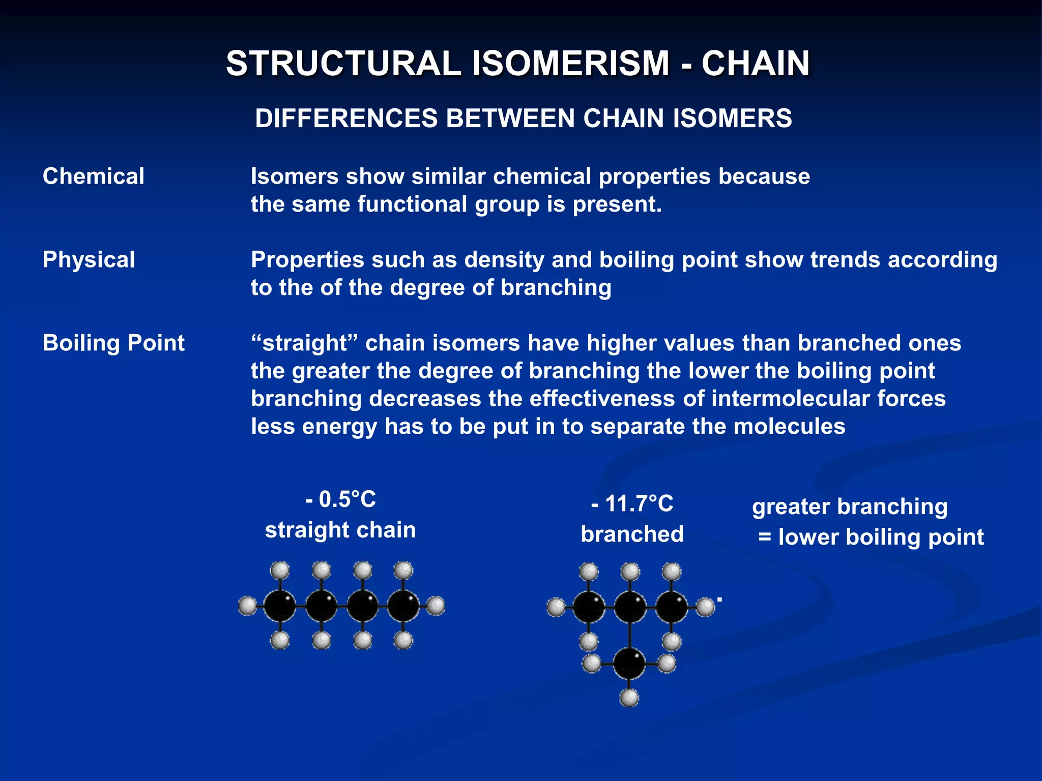 STRUCTURAL ISOMERISM - CHAIN
DIFFERENCES BETWEEN CHAIN ISOMERS
Chemical Isomers show similar chemical properties because
the same functional group is present.
Physical Properties such as density and boiling point show trends according
to the of the degree of branching
Boiling Point “straight” chain isomers have higher values than branched ones
the greater the degree of branching the lower the boiling point
branching decreases the effectiveness of intermolecular forces
less energy has to be put in to separate the molecules
- 0.5°C
straight chain
- 11.7°C
branched
greater branching
= lower boiling point
 