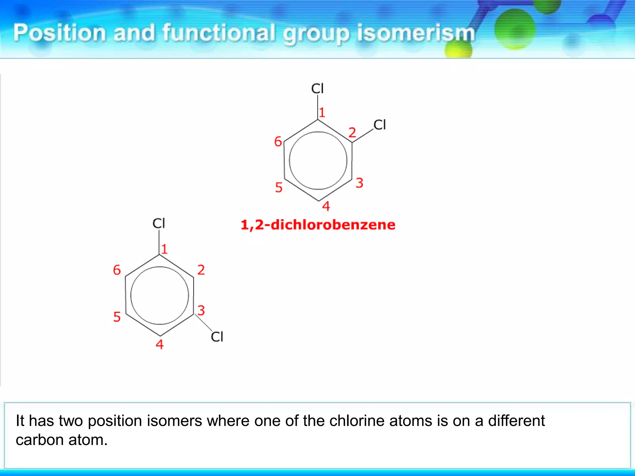 It has two position isomers where one of the chlorine atoms is on a different
carbon atom.
 