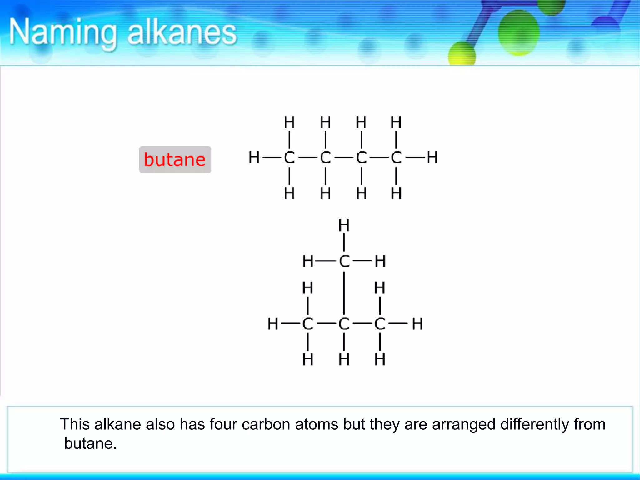 This alkane also has four carbon atoms but they are arranged differently from
butane.
 