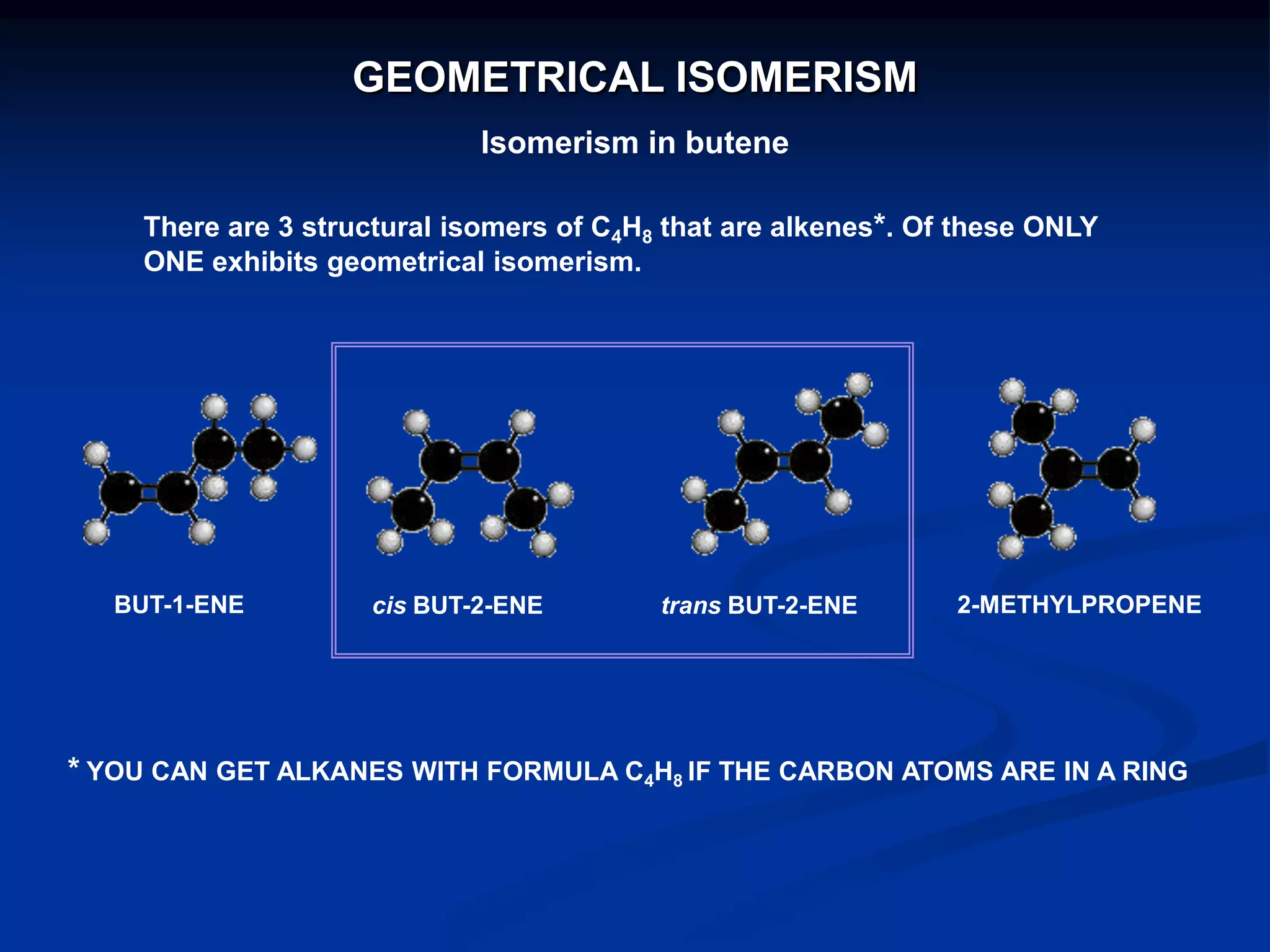 GEOMETRICAL ISOMERISM
Isomerism in butene
There are 3 structural isomers of C4H8 that are alkenes*. Of these ONLY
ONE exhibits geometrical isomerism.
BUT-1-ENE 2-METHYLPROPENEtrans BUT-2-ENEcis BUT-2-ENE
* YOU CAN GET ALKANES WITH FORMULA C4H8 IF THE CARBON ATOMS ARE IN A RING
 