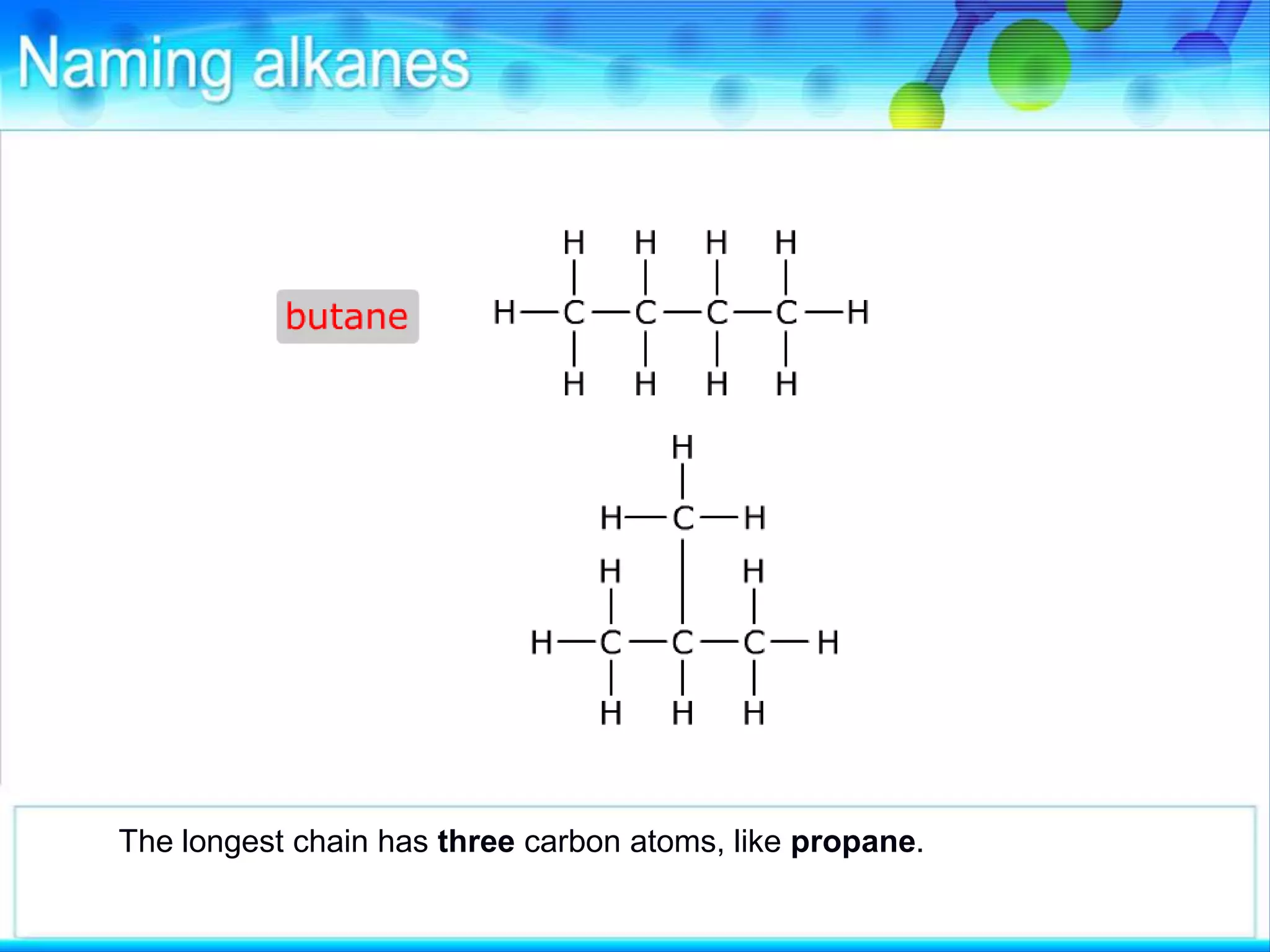 The longest chain has three carbon atoms, like propane.
 