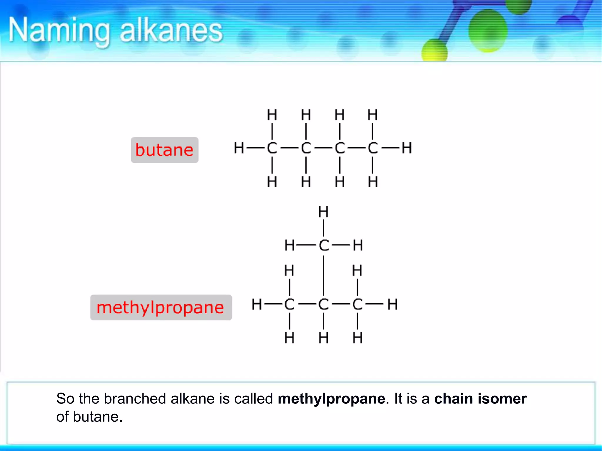 So the branched alkane is called methylpropane. It is a chain isomer
of butane.
 