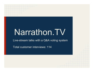 Narrathon.TV
Live-stream talks with a Q&A voting system

Total customer interviews: 114
 