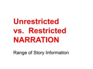 Unrestricted
vs. Restricted
NARRATION
Range of Story Information
 
