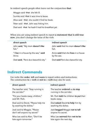 In indirect speech people often leave out the conjunction that.

Maggie said that she felt ill.
Sumiko said that it was time to leave.
Alice said that she couldn’t find her book.
Peter said that John was hitting him.
Dad said that he hadn’t had his breakfast yet.
When you are using indirect speech to report a statement that is still true
now, you don’t change the tense of the verb.

direct speech

indirect speech

John said, “My mom doesn’t like
fish.”

John said that his mom doesn’t like
fish.

“I live in a house by the sea,” said
Anna.

Anna said that she lives in a house
by the sea.

Dad said, “Paris is a beautiful city.”

Dad said Paris is a beautiful city.

Indirect Commands
Use verbs like order, tell and warn to report orders and instructions.
The construction to + verb or not to + verb may also be used.

direct speech

indirect speech

The teacher said, “Stop running in
the corridor!”

The teacher ordered us to stop
running in the corridor.

“Put your books away, children,”
said Mr. Park.

Mr. Park told the children to put their
books away.

Dad said to David, “Please help me
by washing the dishes.”

Dad asked David to help him by
washing the dishes.

Jack said to Maggie, “Please
don’t tell anyone my secret!”

Jack begged Maggie not to tell
anyone his secret.

Miss Lee said to Alan, “Don’t be
late again tomorrow.”

Miss Lee warned Alan not to be
late again the next day.

 
