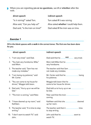 ◗

When you are reporting yes or no questions, use if or whether after the
verb.

direct speech

indirect speech

“Is it raining?” asked Tom.

Tom asked if it was raining.

Alice said, “Can you help us?”

Alice asked whether I could help them.

Dad said, “Is the train on time?”

Dad asked if the train was on time.

Exercise 1
Fill in the blank spaces with a verb in the correct tense. The first one has been done
for you.

direct speech

indirect speech
was

1. “I am very tired,” said Dad.

Dad said that he

2. “You look very handsome, Mike,”
said Mom.

Mom told Mike that he
very handsome.

3. The teacher said, “Sam has not
made any mistakes.”

The teacher said that Sam
not made any mistakes.

4. “I am losing my patience,” said
Mr. Carter.

Mr. Carter said that he
his patience.

5. “You can come to my house for
dinner,” Maggie told Jason.

Maggie told Jason that he
come to her house for dinner.

6. Dad said, “Hurry up or we will be
late.”

Dad told us to hurry up or we
be late.

7. “The train is coming,” said Peter.

Peter said that the train
coming.

8. “I have cleaned up my room,” said
Kathleen.

Kathleen said that she
up her room.

cleaned

9. The teacher said, “It is time to stop
writing.”

The teacher said that it
to stop writing.

time

10. “I don’t want to watch TV,” said
John.

John said that he
watch TV.

very tired.

losing

want to

 