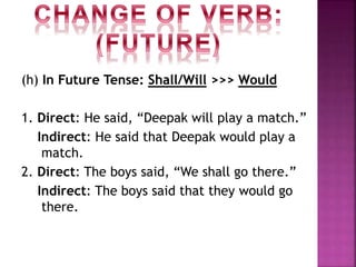 (h) In Future Tense: Shall/Will >>> Would
1. Direct: He said, “Deepak will play a match.”
Indirect: He said that Deepak would play a
match.
2. Direct: The boys said, “We shall go there.”
Indirect: The boys said that they would go
there.
 