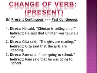 (b) Present Continuous >>> Past Continuous
1. Direct: He said, “Chintan is telling a lie.”
Indirect: He said that Chintan was telling a
lie.
2. Direct: Gita said, “The girls are reading.”
Indirect: Gita said that the girls are
reading.
3. Direct: Ram said, “I am going to school.”
Indirect: Ram said that he was going to
school.
 