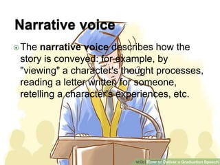 The narrative voice describes how the
story is conveyed: for example, by
"viewing" a character's thought processes,
reading a letter written for someone,
retelling a character's experiences, etc.
 