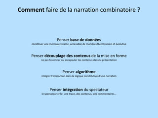 Comment faire de la narration combinatoire ?

Penser base de données
constituer une mémoire vivante, accessible de manière décentralisée et évolutive

Penser découplage des contenus de la mise en forme
ne pas fusionner ou encapsuler les contenus dans la présentation

Penser algorithme
intégrer l’interaction dans la logique constitutive d’une narration

Penser intégration du spectateur
le spectateur crée: une trace, des contenus, des commentaires…

 
