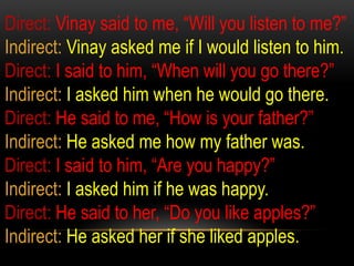 Direct: Vinay said to me, “Will you listen to me?”
Indirect: Vinay asked me if I would listen to him.
Direct: I said to him, “When will you go there?”
Indirect: I asked him when he would go there.
Direct: He said to me, “How is your father?”
Indirect: He asked me how my father was.
Direct: I said to him, “Are you happy?”
Indirect: I asked him if he was happy.
Direct: He said to her, “Do you like apples?”
Indirect: He asked her if she liked apples.
 
