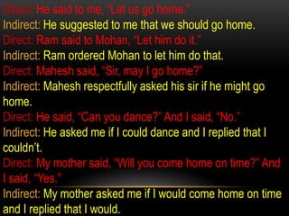 Direct: He said to me, “Let us go home.”
Indirect: He suggested to me that we should go home.
Direct: Ram said to Mohan, “Let him do it.”
Indirect: Ram ordered Mohan to let him do that.
Direct: Mahesh said, “Sir, may I go home?”
Indirect: Mahesh respectfully asked his sir if he might go
home.
Direct: He said, “Can you dance?” And I said, “No.”
Indirect: He asked me if I could dance and I replied that I
couldn’t.
Direct: My mother said, “Will you come home on time?” And
I said, “Yes.”
Indirect: My mother asked me if I would come home on time
and I replied that I would.
 
