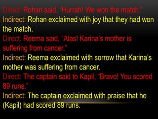 Direct: Rohan said, “Hurrah! We won the match.”
Indirect: Rohan exclaimed with joy that they had won
the match.
Direct: Reema said, “Alas! Karina’s mother is
suffering from cancer.”
Indirect: Reema exclaimed with sorrow that Karina’s
mother was suffering from cancer.
Direct: The captain said to Kapil, “Bravo! You scored
89 runs.”
Indirect: The captain exclaimed with praise that he
(Kapil) had scored 89 runs.
 