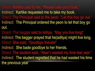 Direct: Kartike said to me, “Please take your book.”
Indirect: Kartike requested me to take my book.
Direct: The Principal said to the peon, “Let this boy go out.”
Indirect: The Principal ordered the peon to let that boy go
out.
Direct: The begger said to Aditya, “May you live long!”
Indirect: The begger prayed that he(aditya) might live long.
Direct: She said, “Goodbye friends!”
Indirect: She bade goodbye to her friends.
Direct: The student said, “Alas! I wasted my time last year.”
Indirect: The student regretted that he had wasted his time
the previous year
 
