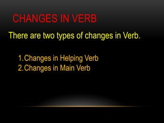 CHANGES IN VERB
There are two types of changes in Verb.
1.Changes in Helping Verb
2.Changes in Main Verb
 