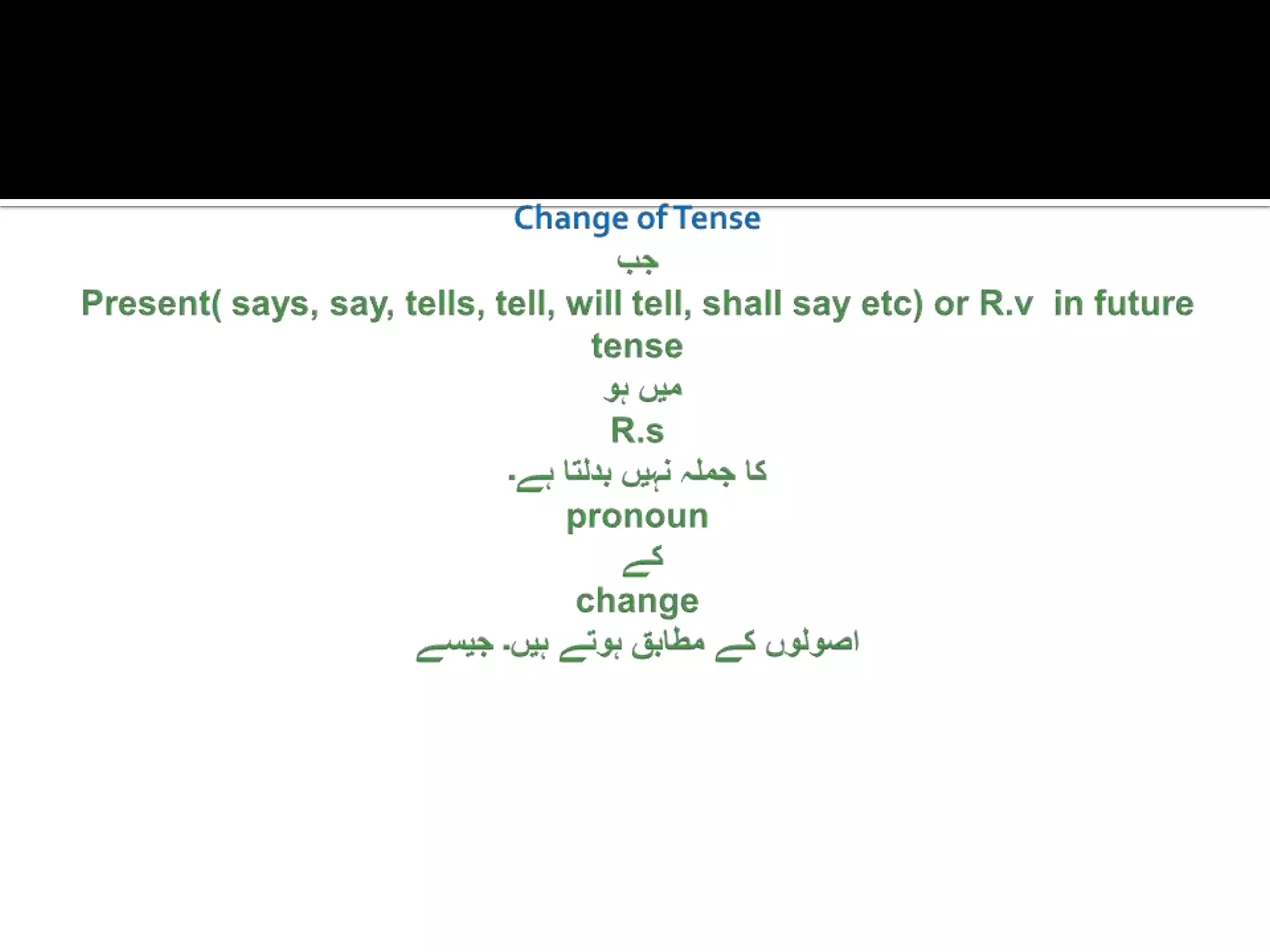 Change of TenseجبPresent( says, say, tells, tell, will tell, shall say etc) or R.vin future tenseمیںہوR.sکاجملہنہیںبدلتاہے۔ pronounکےchangeاصولوںکےمطابقہوتےہیں۔ جیسے