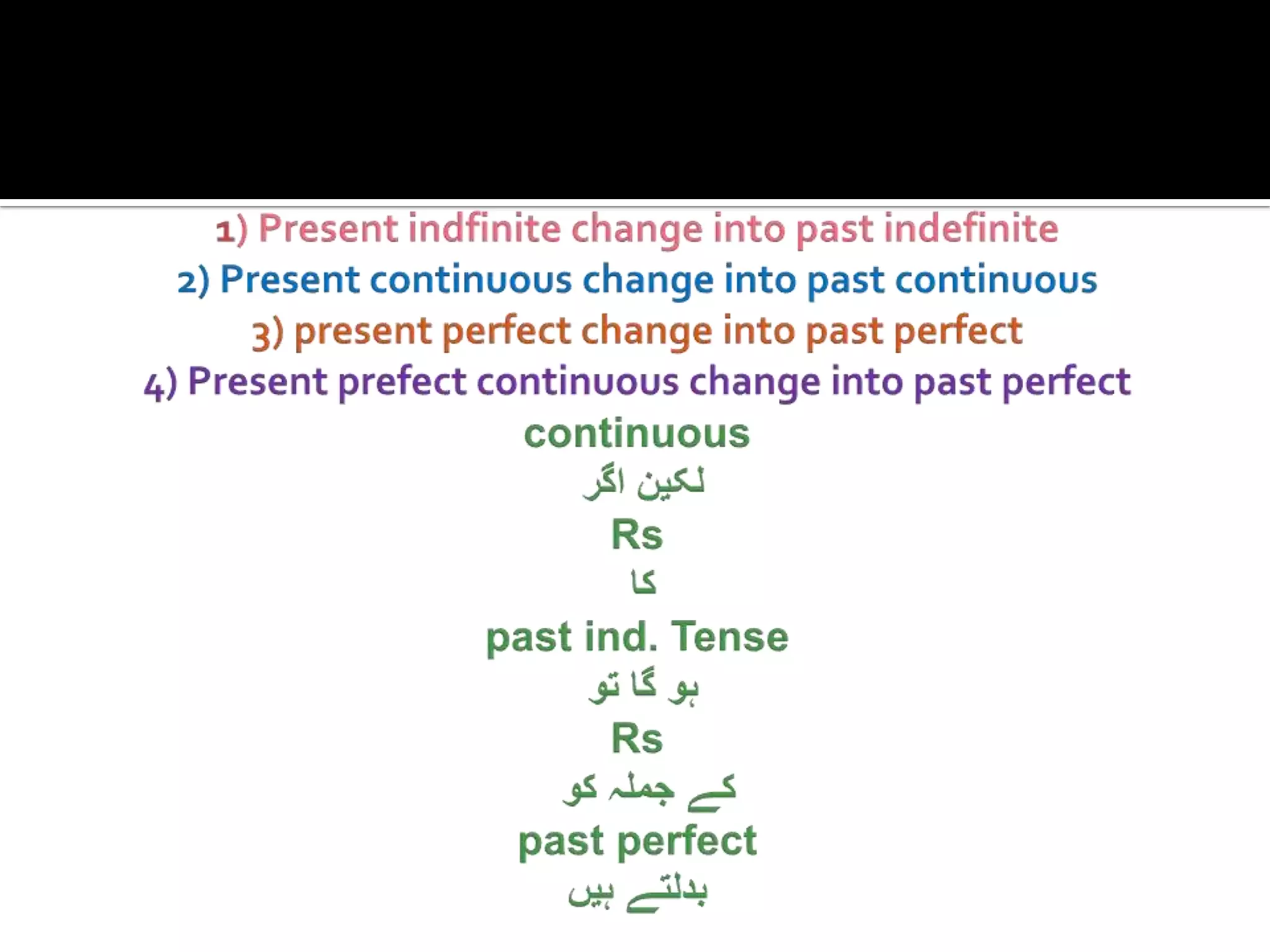 1) Present indfinite change into past indefinite2) Present continuous change into past continuous3) present perfect change into past perfect 4) Present prefect continuous change into past perfect continuousلکیناگرRsکاpast ind. Tense ہوگاتوRs کےجملہکوpast perfectبدلتےہیں