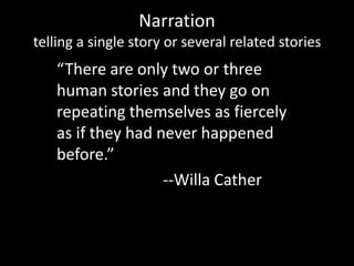 Narration
telling a single story or several related stories

“There are only two or three
human stories and they go on
repeating themselves as fiercely
as if they had never happened
before.”
--Willa Cather

 