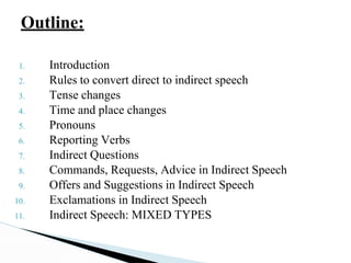 Outline:
1. Introduction
2. Rules to convert direct to indirect speech
3. Tense changes
4. Time and place changes
5. Pronouns
6. Reporting Verbs
7. Indirect Questions
8. Commands, Requests, Advice in Indirect Speech
9. Offers and Suggestions in Indirect Speech
10. Exclamations in Indirect Speech
11. Indirect Speech: MIXED TYPES
 