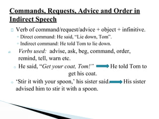 Commands, Requests, Advice and Order in
Indirect Speech
□ Verb of command/request/advice + object + infinitive.
◦ Direct command: He said, “Lie down, Tom”.
◦ Indirect command: He told Tom to lie down.
a. Verbs used: advise, ask, beg, command, order,
remind, tell, warn etc.
o He said, “Get your coat, Tom!” He told Tom to
get his coat.
o ‘Stir it with your spoon,’ his sister said. His sister
advised him to stir it with a spoon.
 