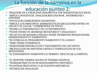 La función de la narrativa en la educación punteo 2:*REQUIERE DE LA REALIDAD DESCRIPTIVA YDE MANIFESTAR SUS IDEAS*IMPLICA INVESTIGAR ,ANALIZAR,REFLEXIONAR , INTERPRETAR Y EXPONER*INVOLUCRA HABILIDADES COGNITIVAS*IMPLICA LOS PRINCIPIOS  HERMENEUTICOS (RELACIONES ENTRE UN HECHO Y EL LUGAR, *COMPRENDER UN TEXTO.*SEPARA LO PARADMATICO DE LO INFORMATIVO*PUEDE TENER UN ABORDAJE METAFORICO Y ANALOGICO*NO ACTUA DE MANERA UNIVOCA POSEE DIFERENTES MODALIDADES (PARADIGMATICO Y NARRATIVO)*SE CONJUGA EL PENSAMIENTO NARRATIVO Y EL LOGICO *DEBE TENER COHERENCIA*DEBETENERCONSTRUCCION Y TRATAMIENTO DE LOS DATOS*PRODUCCION DE HIPOTESIS CRITICA Y VERIFICACION DE LOS RESULTADOS*EL PENSAMIENTO NARRATIVO LE PERMITE  PRACTICAR LA EMPATIA *EL MAESTRO DEBERA HACER UN TRABAJO GRADUAL*TRABAJAR PRACTICAS DE RAZONAMIENTO HISTORICO*PLANTEAR PREGUNTAS A LAS FUENTES HISTORICAS*ESTABLECER ANALOGIAS