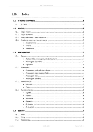 José Paulo Vasconcelos




    1.10.              Indíce

       1.1.     O TEXTO NARRATIVO.................................................................................................. 1

            1.1.1.    O CONTO ....................................................................................................1

       1.2.     ACÇÃO ......................................................................................................................... 2

            1.2.1.    ACÇÃO PRINCIPAL ............................................................................................2
            1.2.2.    ACÇÃO SECUNDÁRIA .........................................................................................2
            1.2.3.    NARRATIVA FECHADA E NARRATIVA ABERTA ..................................................................2
            1.2.4.    SEQUÊNCIAS NARRATIVAS E SUA ARTICULAÇÃO ...............................................................3
                         ►    Encadeamento....................................................................................3
                         ►    Encaixe ............................................................................................3
                         ►    Alternância .......................................................................................3

       1.3.     PERSONAGENS............................................................................................................ 3

            1.3.1.    RELEVO ......................................................................................................3
                         ►    Protagonista, personagem principal ou herói ..............................................4
                         ►    Personagem secundária.........................................................................4
                         ►    Figurante..........................................................................................4
            1.3.2.    COMPOSIÇÃO ................................................................................................4
                         ►    Personagem modelada ou redonda ...........................................................4
                         ►    Personagem plana ou desenhada .............................................................4
                         ►    Personagem-tipo.................................................................................4
                         ►    Personagem colectiva...........................................................................5
            1.3.3.    CARACTERIZAÇÃO ............................................................................................5
                         ►    Processo ...........................................................................................5
                         ►    Tipo ................................................................................................5
            1.3.4.    FUNÇÕES ACTANCIAIS ........................................................................................6
                         ►    Sujeito .............................................................................................6
                         ►    Objecto ............................................................................................6
                         ►    Adjuvante .........................................................................................6
                         ►    Oponente..........................................................................................6
                         ►    Destinador ........................................................................................6
                         ►    Destinatário ......................................................................................6

       1.4.     ESPAÇO ....................................................................................................................... 7

            1.4.1.    FÍSICO .......................................................................................................7
            1.4.2.    SOCIAL ......................................................................................................7
            1.4.3.    PSICOLÓGICO ................................................................................................7


E.S.S.M.O                                                        03-06-2008                                                    Página 16 de 17
 