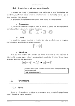José Paulo Vasconcelos



            1.2.4. Sequências narrativas e sua articulação

       A sucessão de factos e acontecimentos que constituem a acção agrupam-se em
sequências, que formam blocos narrativos semanticamente (de significado) coesos e que o
leitor reconhece intuitivamente.
       As sequências de uma narrativa articulam-se entre si pelos processos seguintes:


                  ► Encadeamento
       As sequências narrativas sucedem-se umas às outras de acordo com a sua ordenação
cronológica; há um ordenamento temporal das acções.




                  ► Encaixe
       As sequências surgem inseridas no interior de outra sequência que as engloba,
correspondendo geralmente a narradores diferentes;




                  ► Alternância
       Duas ou mais histórias são contadas de forma intercalada e uma sequência é
interrompida para dar lugar a outra, revezando-se assim sequências de origem diversa (como
acontece, por norma, nas telenovelas).




                              Encontra as sequências narrativas essenciais neste conto (os momentos de
                              avanço na diegese).
                              Como se articulam entre si?




    1.3.           Personagens


            1.3.1. Relevo

       Quanto ao relevo podemos considerar as personagens como principais (protagonista ou
herói), secundárias e ainda figurantes.




E.S.S.M.O                                      03-06-2008                                 Página 3 de 17
 