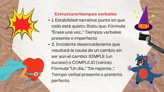 1. Estabilidad narrativa: punto en que
todo está quieto: Statu quo. Fórmula:
"Érase una vez..." Tiempos verbales:
presente o imperfecto
2. Incidente desencadenante que
resultará la causa de un cambio sin
ser aún el cambio: SIMPLE (un
suceso) o COMPLEJO (varios).
Fórmula: "Un día..." "De repente...".
Tiempo verbal presente o pretérito
perfecto.
Estructura/tiempos verbales:
 