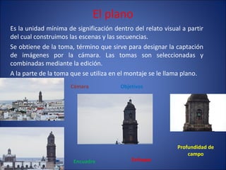 El plano Es la unidad mínima de significación dentro del relato visual a partir del cual construimos las escenas y las secuencias. Se obtiene de la toma, término que sirve para designar la captación de imágenes por la cámara. Las tomas son seleccionadas y combinadas mediante la edición.  A la parte de la toma que se utiliza en el montaje se le llama plano. Encuadre Cámara Objetivos Profundidad de campo Enfoque 