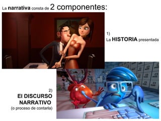 La narrativa consta de 2 componentes:
1)
La HISTORIA presentada
2)
El DISCURSO
NARRATIVO
(o proceso de contarla)
 