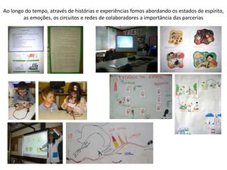 Ao longo do tempo, através de histórias e experiências fomos abordando os estados de espírito,
as emoções, os circuitos e redes de colaboradores a importância das parcerias
 